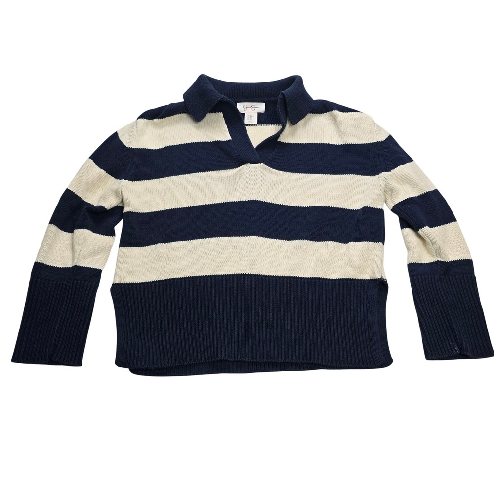 Jessica Simpson Polo Sweater Women XS Navy Cream Striped cotton